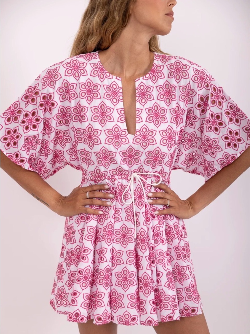 Sundress Kimberly cotton eyelet drawstring mini dress white pink $290